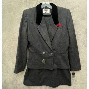 Kasper For ASL Vintage Wool‎ Blend Skirt Suit Gray Velvet Trim Peplum Minimalist